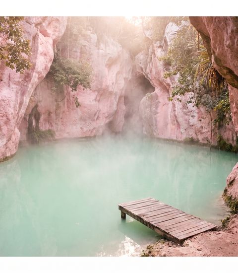 A hidden mint-green lagoon in pink rock
